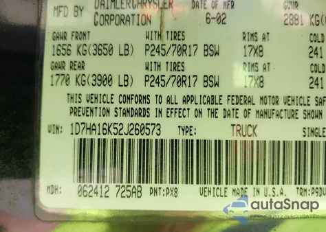 2002 Dodge Ram 1500 St z USA, uszkodzony, nr VIN 1D7HA16K52J260573